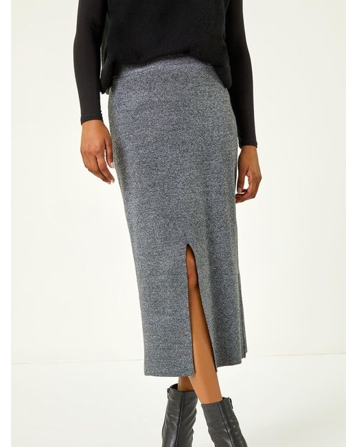 Roman Black Front Split Knitted Midi Skirt