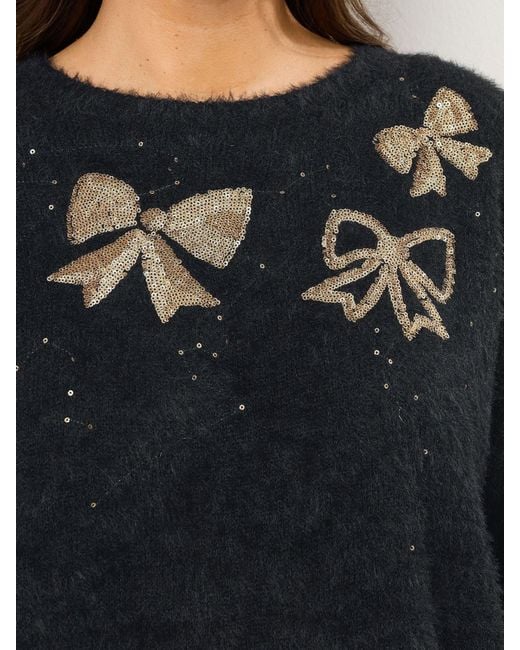 Evans Black Fluffy Sequin Bow Jumper