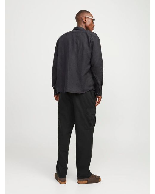 Jack & Jones Black Loose Fit Linen Blend Cargo Trousers for men