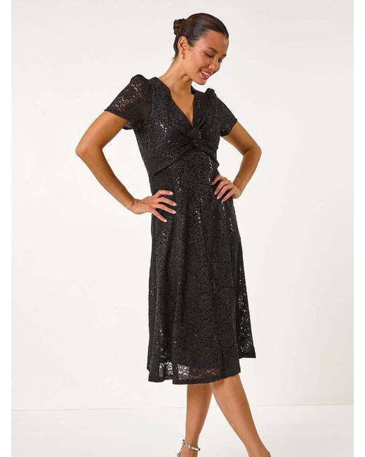 Roman Women's Black Sequin Lace Twist Front Midi Dress Roman Women's Black Sequin Lace Twist Front Midi Dress