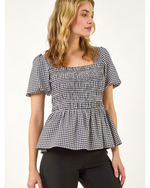 Roman Gray Gingham Shirred Top