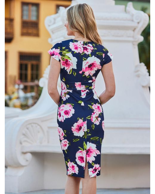 Sosandar Blue Floral Print Ruffle Detail Midi Dress