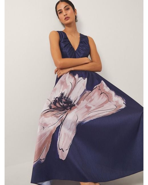 Monsoon Blue Sylvia Floral Print Satin Midi Dress