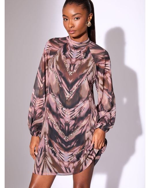 Lipsy Red Mini Animal Zebra Print Sequin Long Sleeve Shift Dress