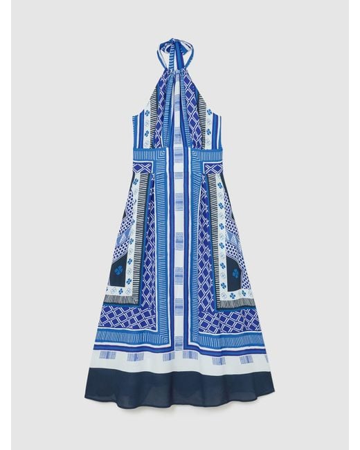 Reiss Blue Scarf-Print Halterneck Midi Dress