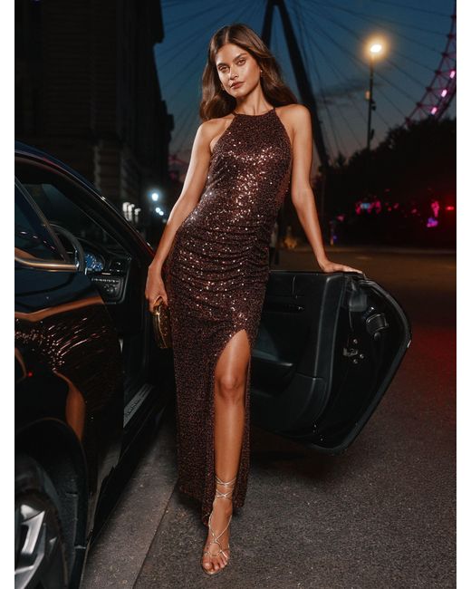 Lipsy Multicolor Sequin Halter Ruched Maxi Dress