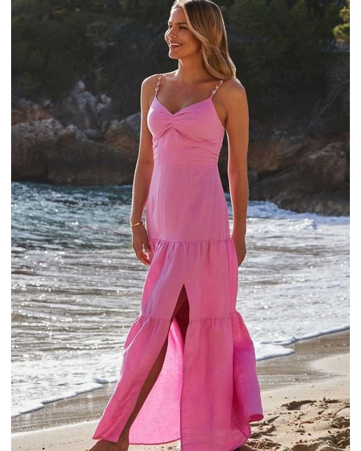 Sosandar Pink Petite Linen Rich Tiered Hem Maxi Dress