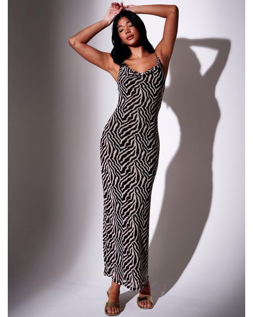 South Beach Women's Gray Print Zebra Mesh Cowl Neck Lined Strappy Maxi Dress  - www.web.smkmuhngawen.sch.id