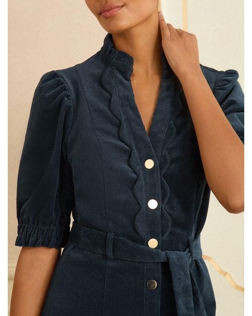Love & Roses Blue Corduroy Scallop Trim Midi Dress