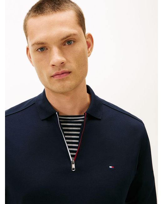 Tommy Hilfiger Blue Regular Fit Flag Embroidery Zip Polo Shirt for men