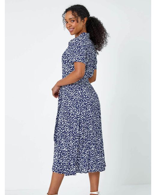 Roman Blue Petite Ditsy Floral Print Shirt Dress