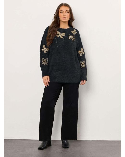 Evans Black Fluffy Sequin Bow Jumper