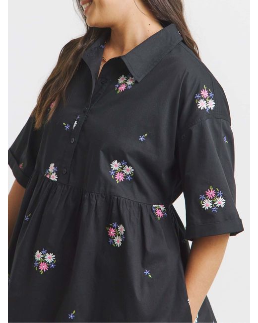 Simply Be Black Floral Embroidered Midi Shirt Dress