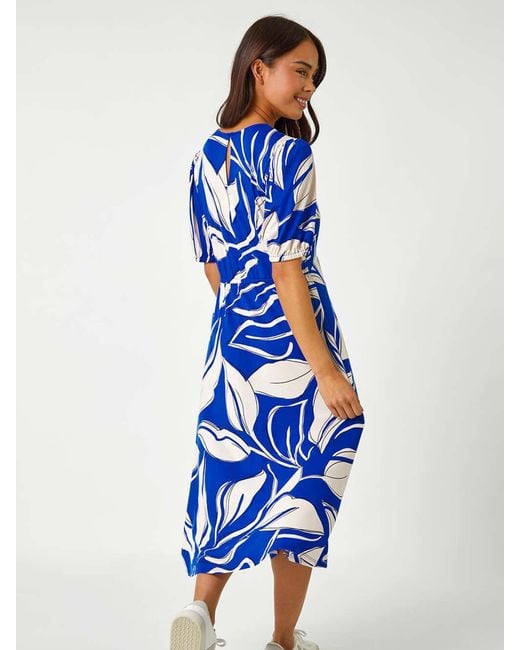 Roman Blue Petite Leaf Stretch Midi Dress