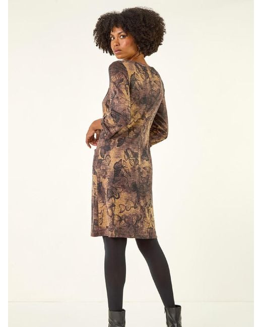 Roman Brown Butterfly Pocket Stretch Shift Dress