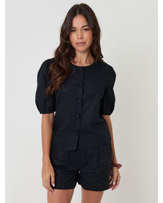Threadbare Black Linen Blend Puff Sleeve Top