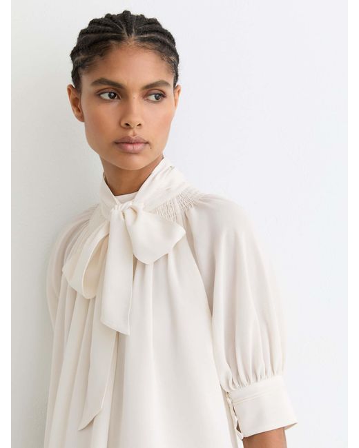 Reiss White Tie-Neck Short-Sleeve Blouse