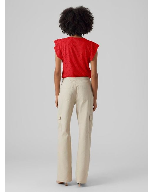 Vero Moda Red Broderie Short Sleeve T-Shirt