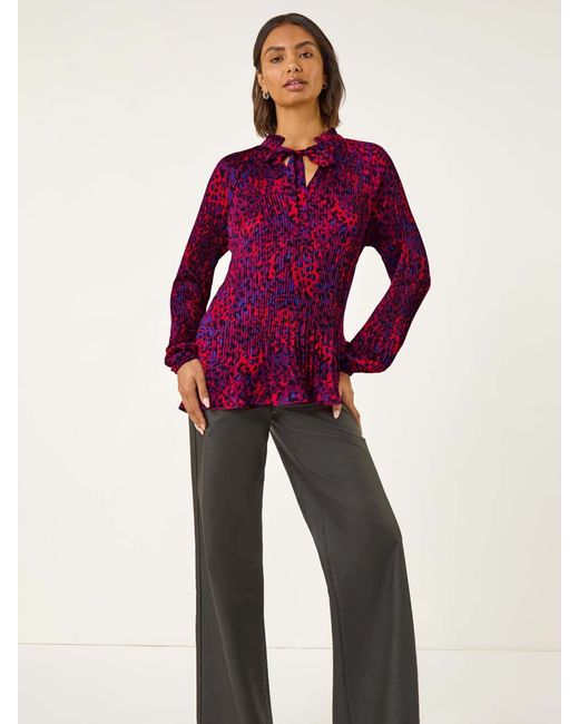 Roman Red Animal Print Tie Neck Pleated Blouse