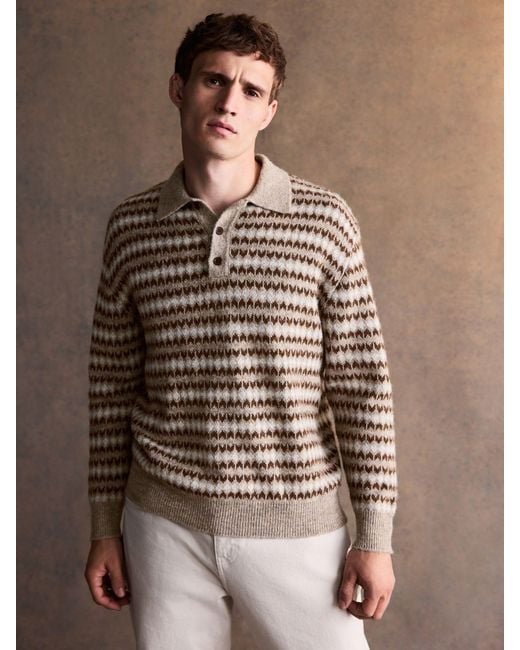 Next Natural Regular Fit Fairisle Stripe Long Sleeve Knit Polo Shirt With Wool for men