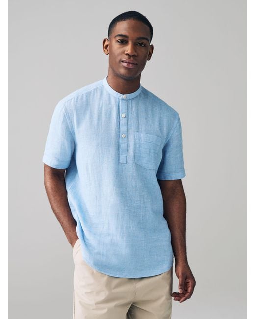 Next Blue Overhead Cotton Linen Blend Short Sleeve Shirt for men