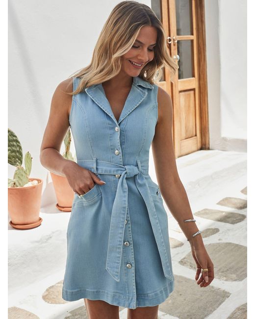 Sosandar Blue Sleeveless Belted Denim Dress