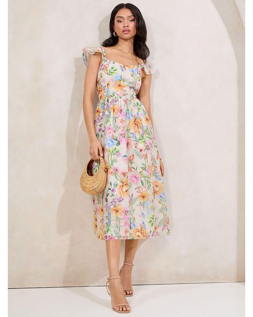 Lipsy Natural Petite Angel Sleeve Off The Body Square Neck Midi Dress