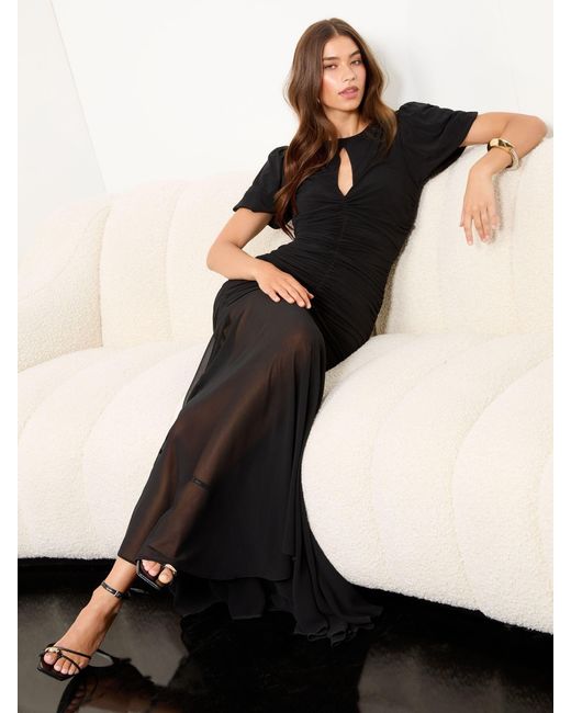 Lipsy Black Slinky Mesh Ruched Keyhole Maxi Dress