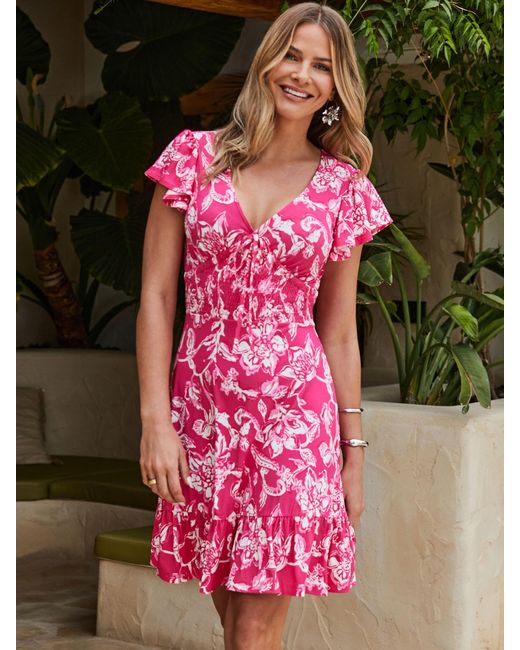 Sosandar Pink Floral Print Fluted Hem Dress