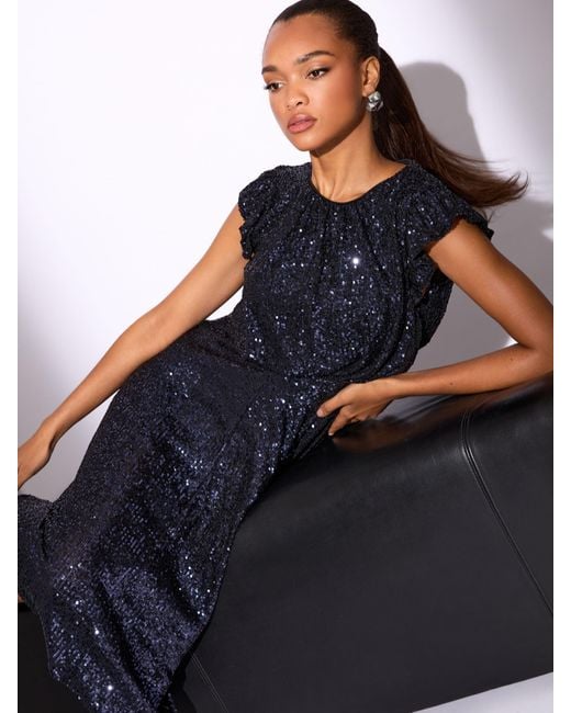 blue sequin high low dress Tie Waist Off Shoulder Maternity Maxi Dress NAVY / SMALL