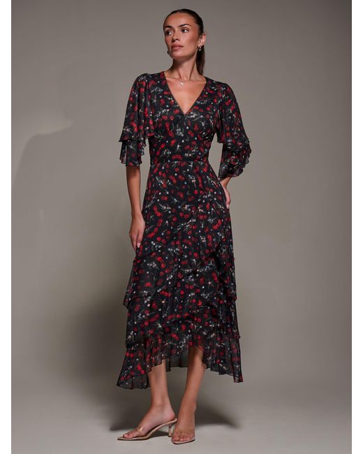 Jolie Moi Gray Frill Trim Mesh Maxi Dress