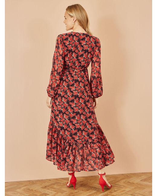 Yumi' Red Rose Print Dipped Hemline Midi Dress With Open Long Sleeves