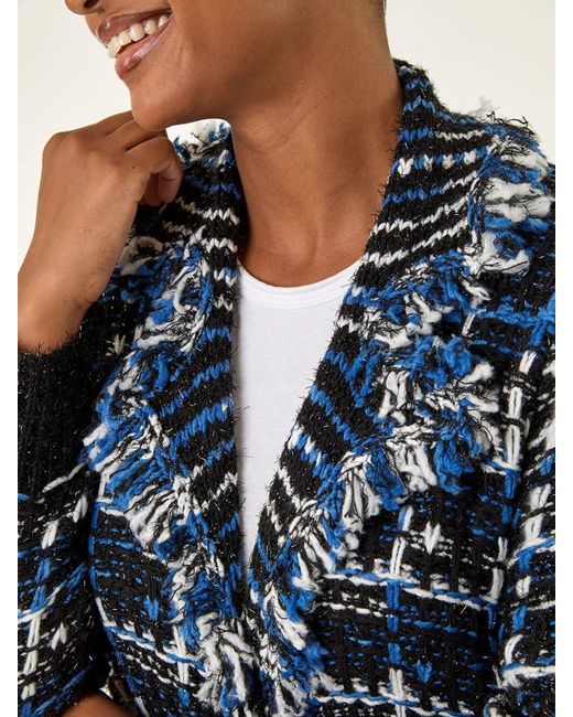 Roman Blue Checkered Fringe Knit Cardigan