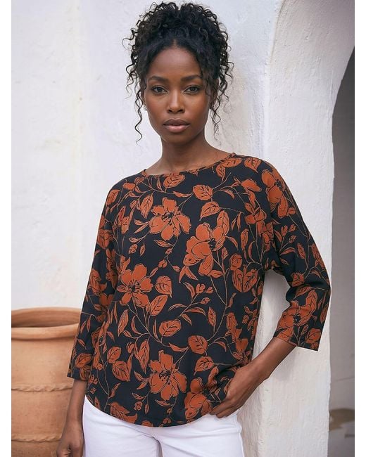 Roman Brown Leaf Print Stretch Top