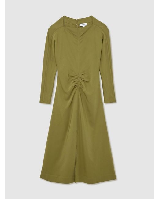 Reiss Green Ruched Long-Sleeve Midi Dress