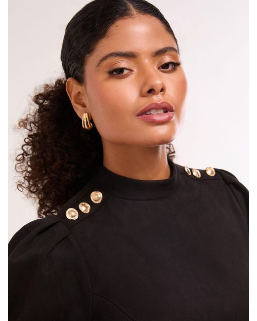 Lipsy Black Faux Suede Puff Sleeve Mini Shift Dress With Buttons