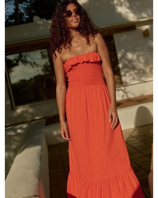 Next Red Print Bandeau Frill Summer Midi Dress