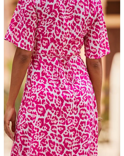 Sosandar Pink Animal Print Fluted Sleeve Fit And Flare Dress