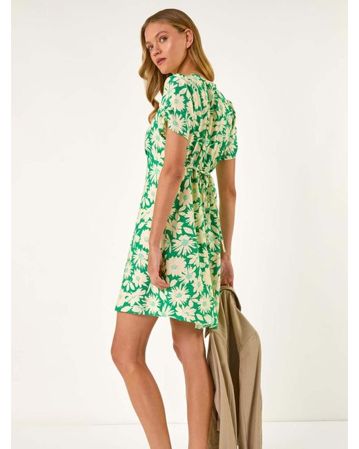 Roman Green Daisy Print V-Neck Tea Dress