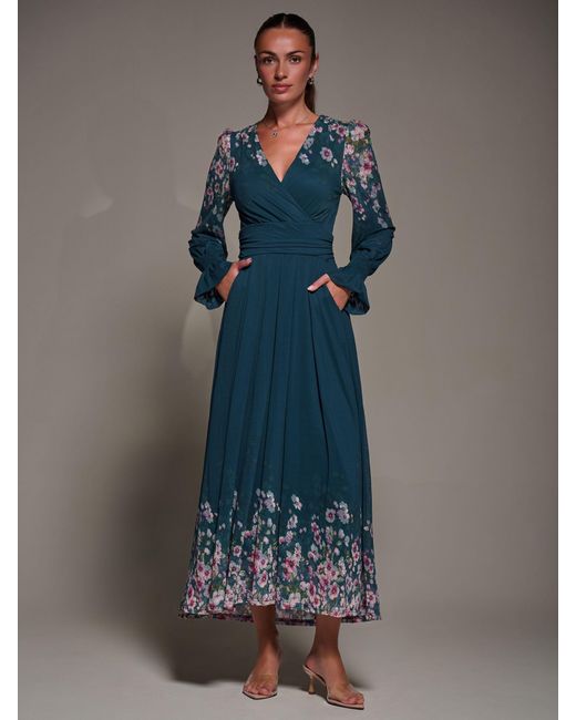 Jolie Moi Blue Mirrored Print Long Sleeve Mesh Maxi Dress