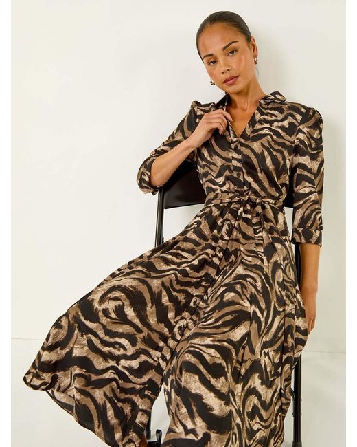 Roman Brown Petite Animal Print Shirt Stretch Dress