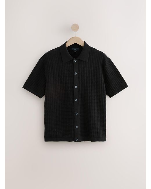 Next Black Relaxed Fit 100% Cotton Short Sleeve Textured Knit Button-Through Polo Shirt for men