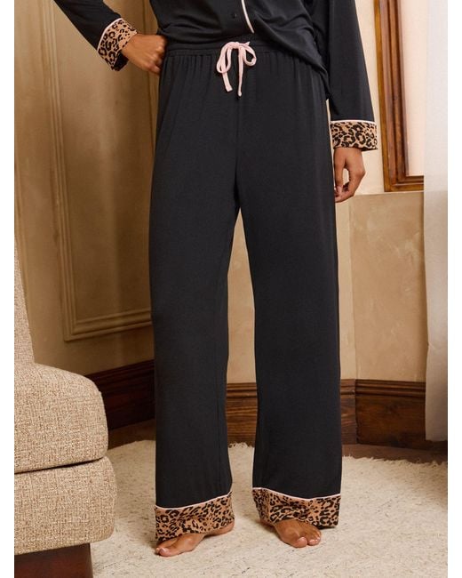 Love & Roses Black Leopard Tipped Jersey Button Through Pyjamas Set