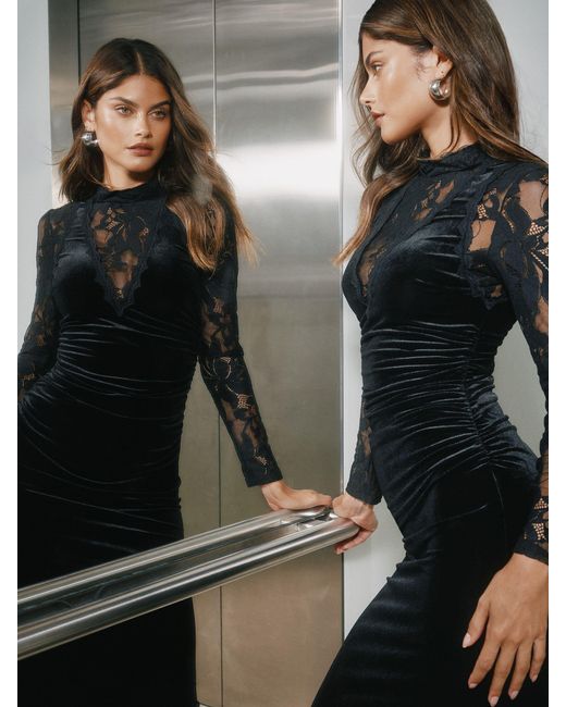 Lipsy Gray Velvet Lace Mix Long Sleeve Bodycon Midi Dress