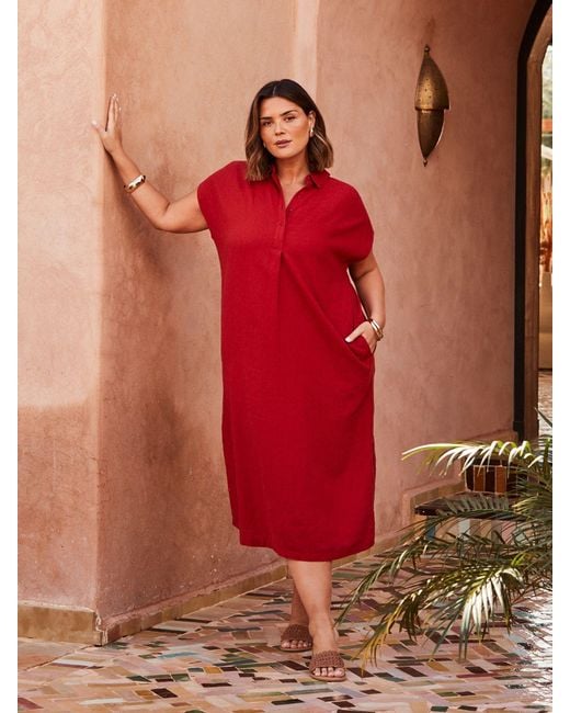 Live Unlimited Red Linen Blend Chuck On Shirt Dress