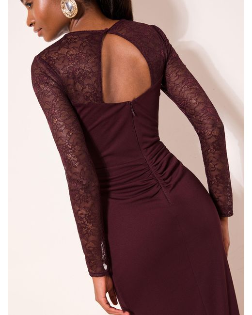 Lipsy Burgundy Lace Trim Ruched Maxi Dress in Red | Lyst