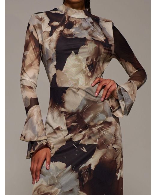 Jolie Moi Brown Ruffle Long Sleeve Mesh Maxi Dress