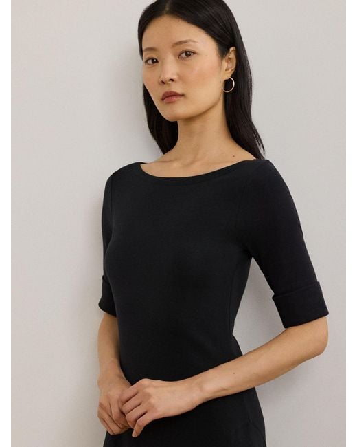 Ralph Lauren Black Munzie Rib Knit Stretch Cotton Midi Dress