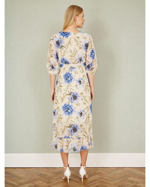 Yumi' Blue Vintage Floral Wrap Midi Dress With Frill