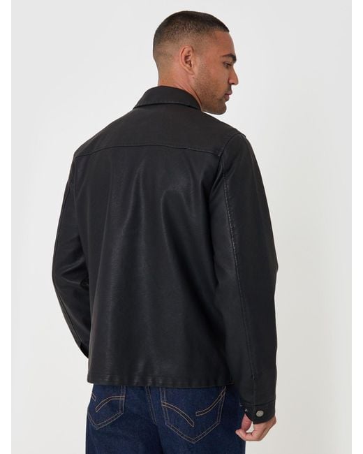 Threadbare Blue Faux Leather Zip Up Collared Jacket for men
